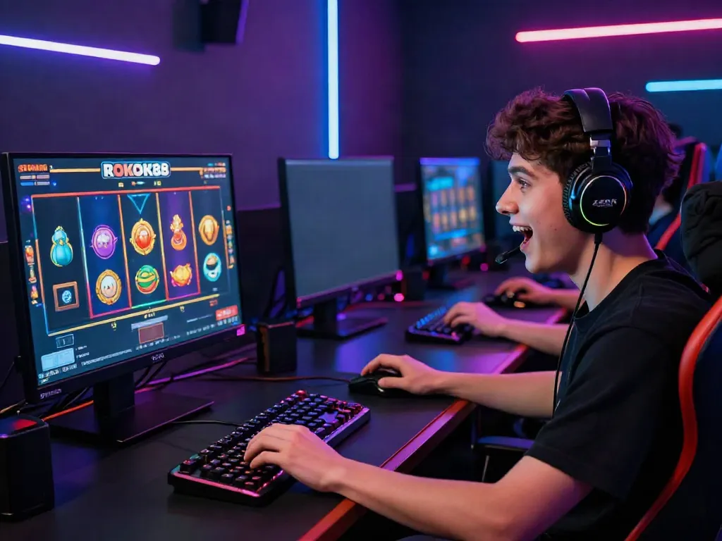 Player enjoying ROKOK88 slot game on a sleek gaming desk with vibrant graphics and exciting atmosphere.