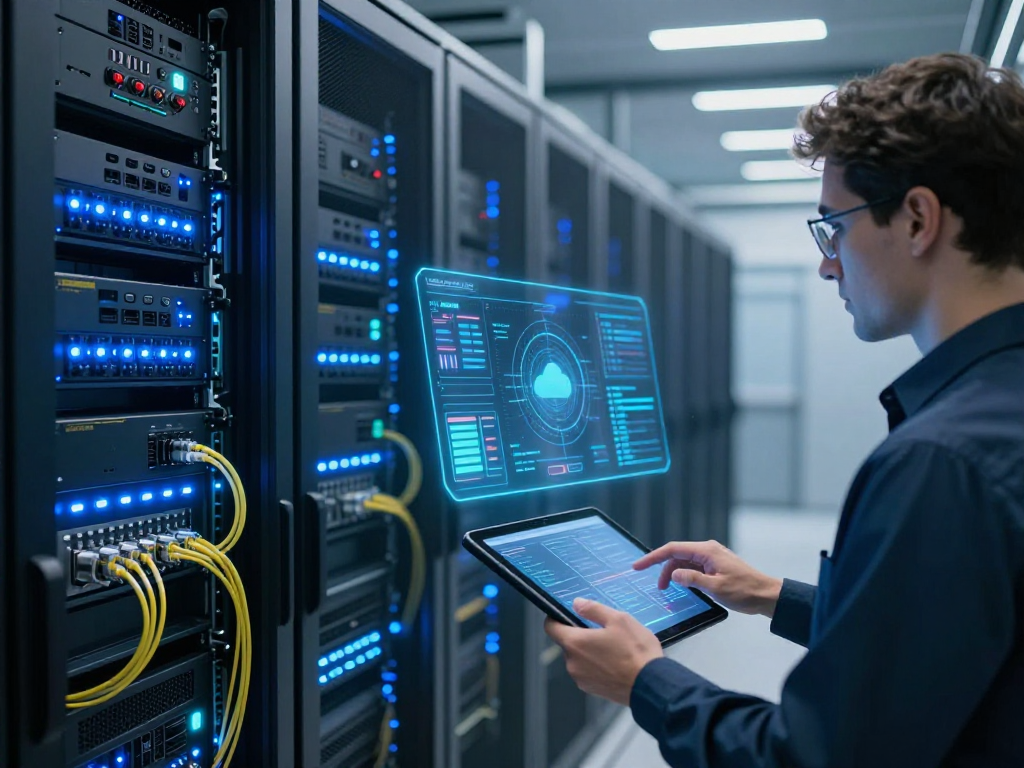 UK IPTV solutions with advanced cloud computing infrastructure and AI technology displayed in a modern data centre.