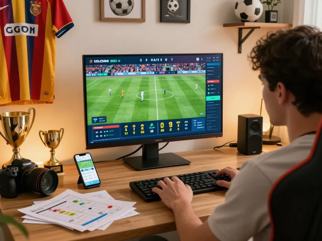 Sports enthusiast using 1gom for live betting analysis during a football match.