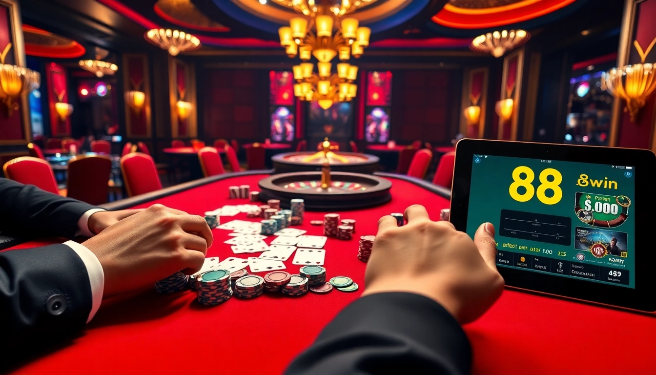 Experience high-stakes poker gameplay at 98win with vibrant chips and cards on a lavish table.