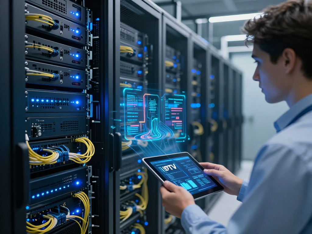 IPTV UK technology in a modern data centre with illuminated server racks and cloud computing systems.