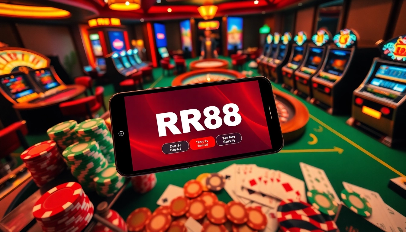 Experience the RR88 App for seamless gambling with poker chips, cards, and roulette table.