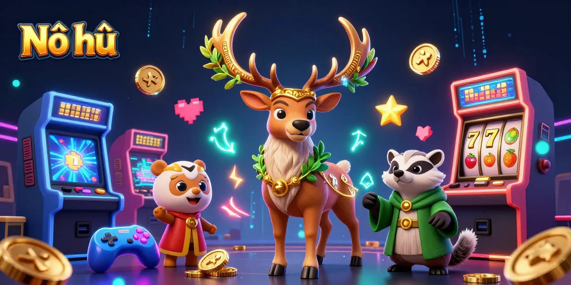 Nổ hũ excitement with a vibrant 3D fantasy scene showcasing winning slot machine symbols and magical characters.