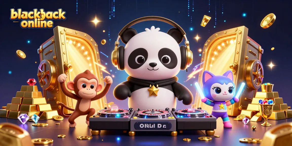 Experience blackjack online with this vibrant scene featuring a DJ panda and colorful casino elements.