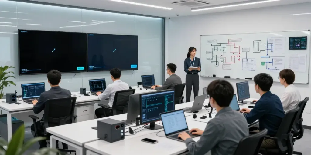 Red team evaluation in a modern cybersecurity workspace with advanced technology.