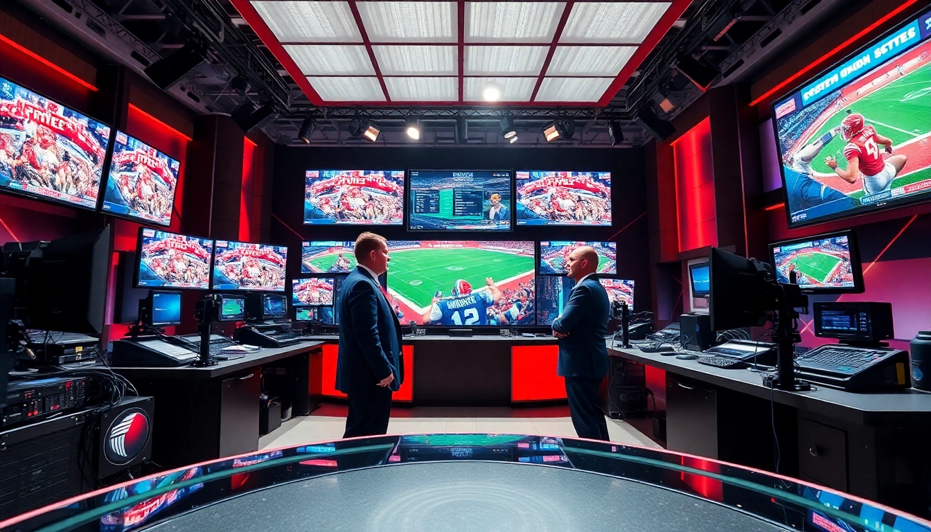 Sports Broadcasting hosts engaging viewers in a modern studio filled with vibrant screens.