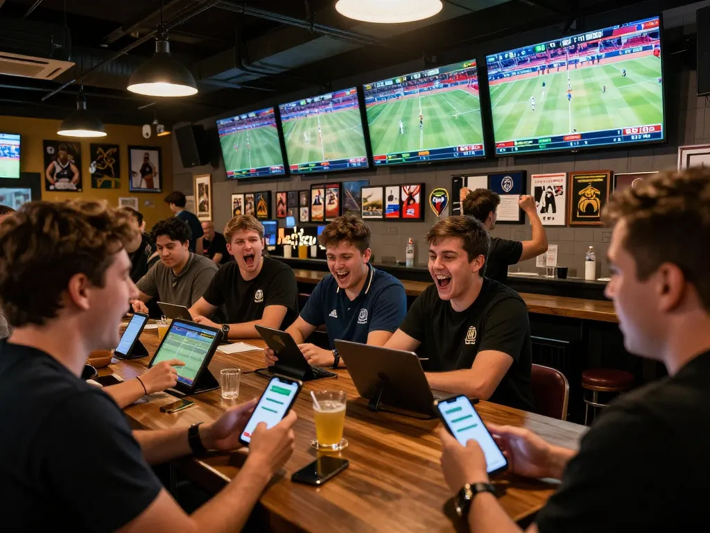 Excited sports fans placing bets using mobile apps at LC88 sports bar