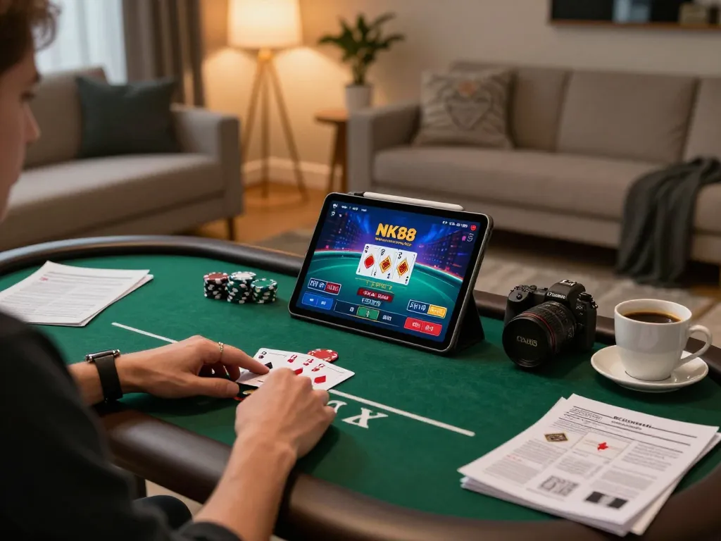 Player enjoying NK88 online poker on tablet, cozy home setup with strategic notes and warm lighting.