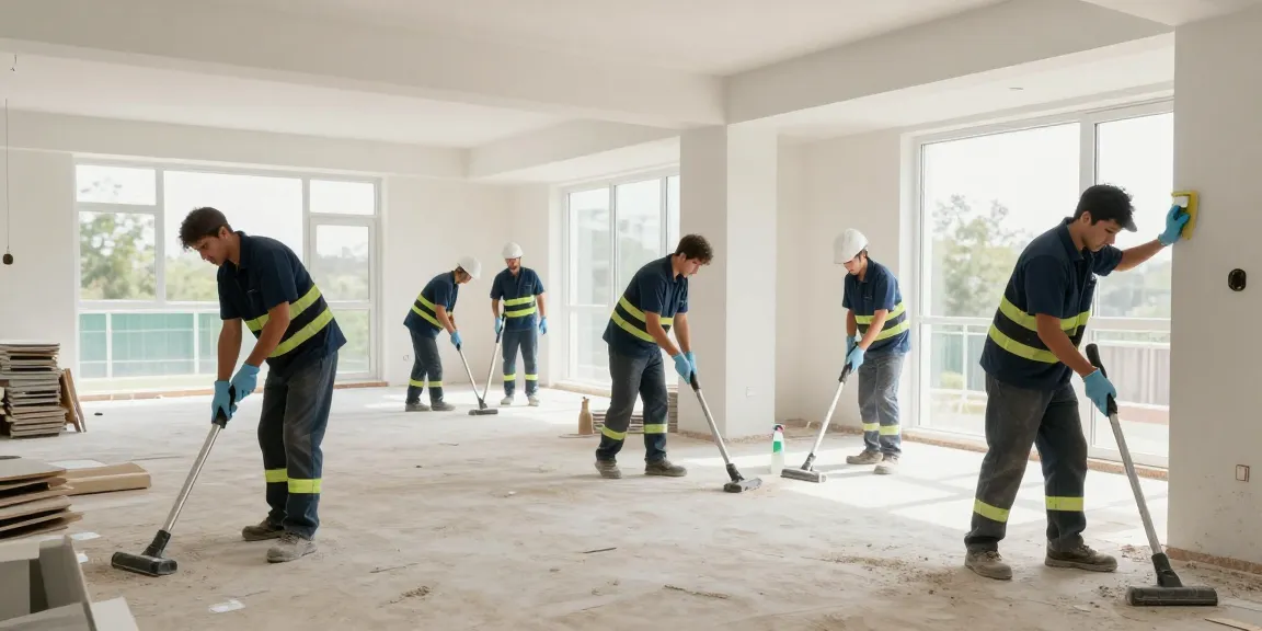 Post-construction cleaning team demonstrating efficient service, highlighting bauendreinigung preis in a modern interior setting