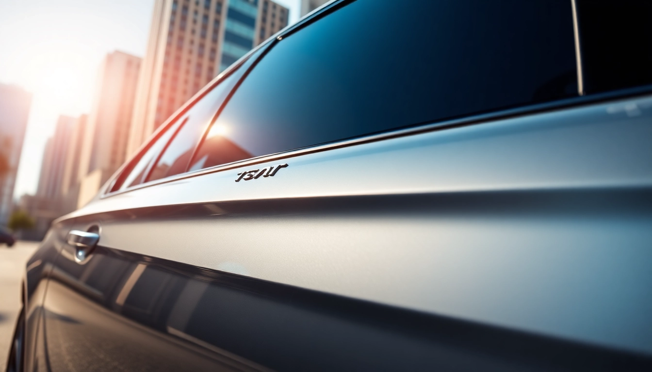 Get superior clarity and privacy with auto window tint near me on a sleek car under bright sun.