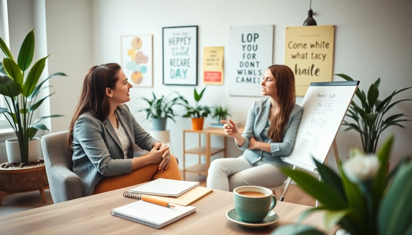 Engaging career coaching session in a bright office with motivational elements.