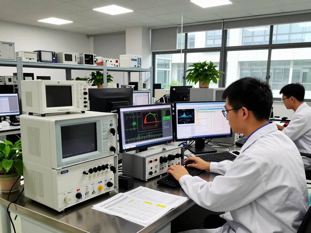 Precision EMC testing environment with engineer conducting VSWR measurement analysis for compliance testing.