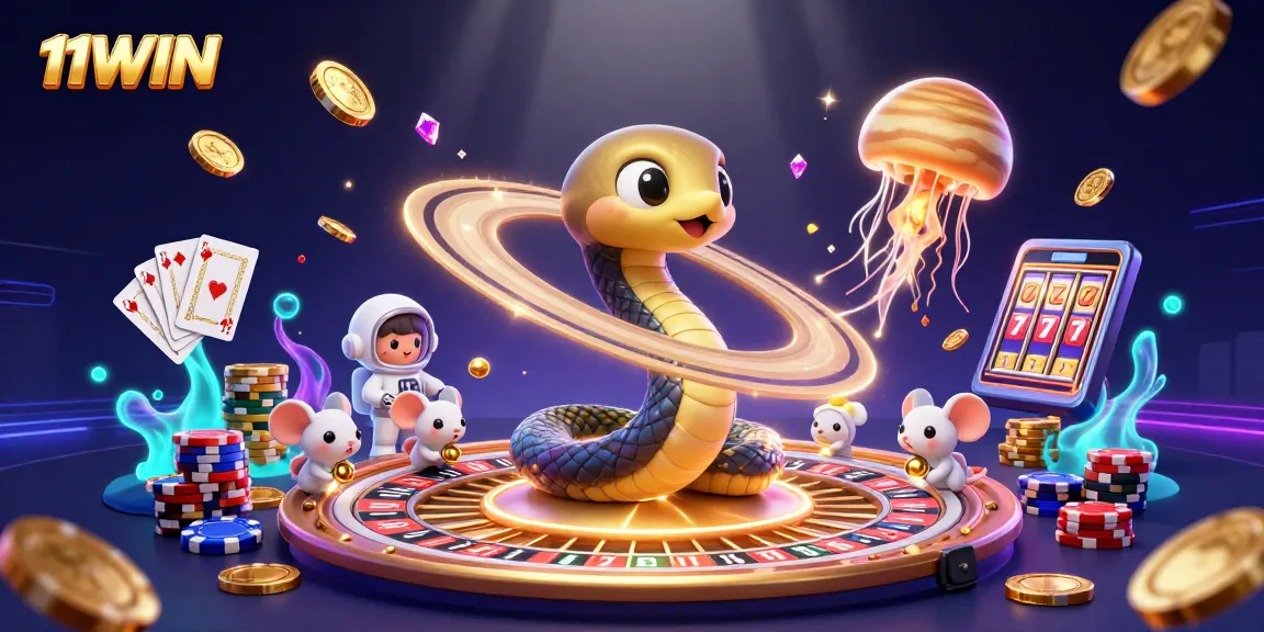 Experience thrilling casino action with 11WIN in a vibrant 3D illustration showing games and excitement.
