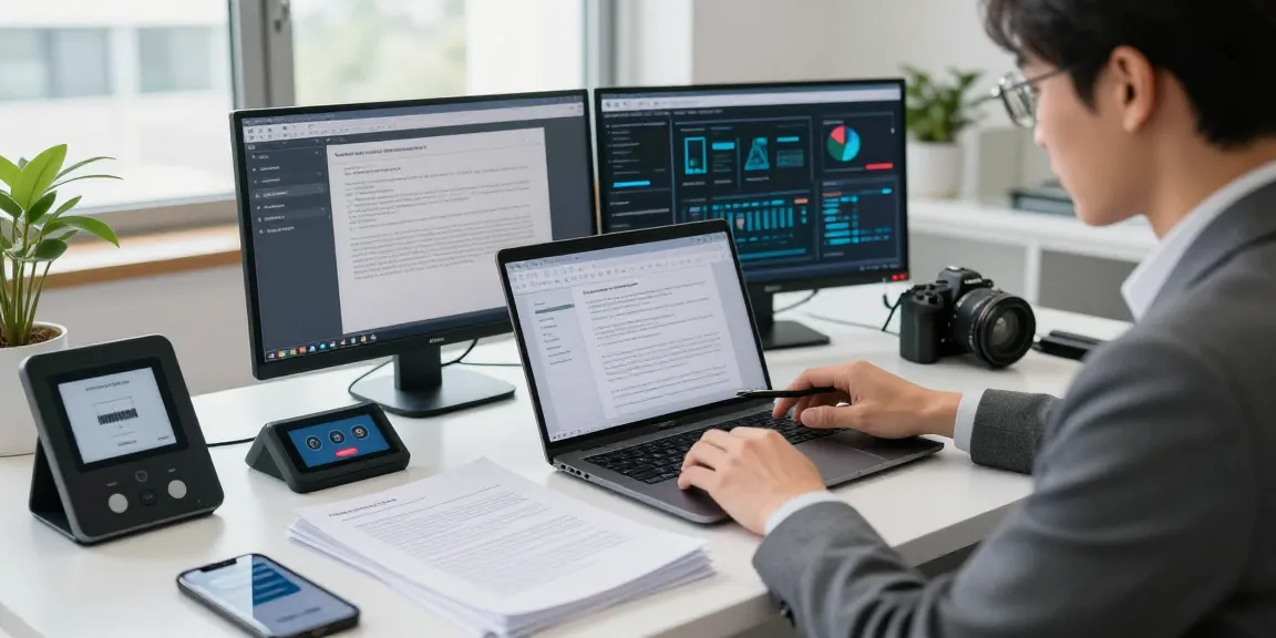 Professional analyzing document fraud detection with AI tools in a modern office.