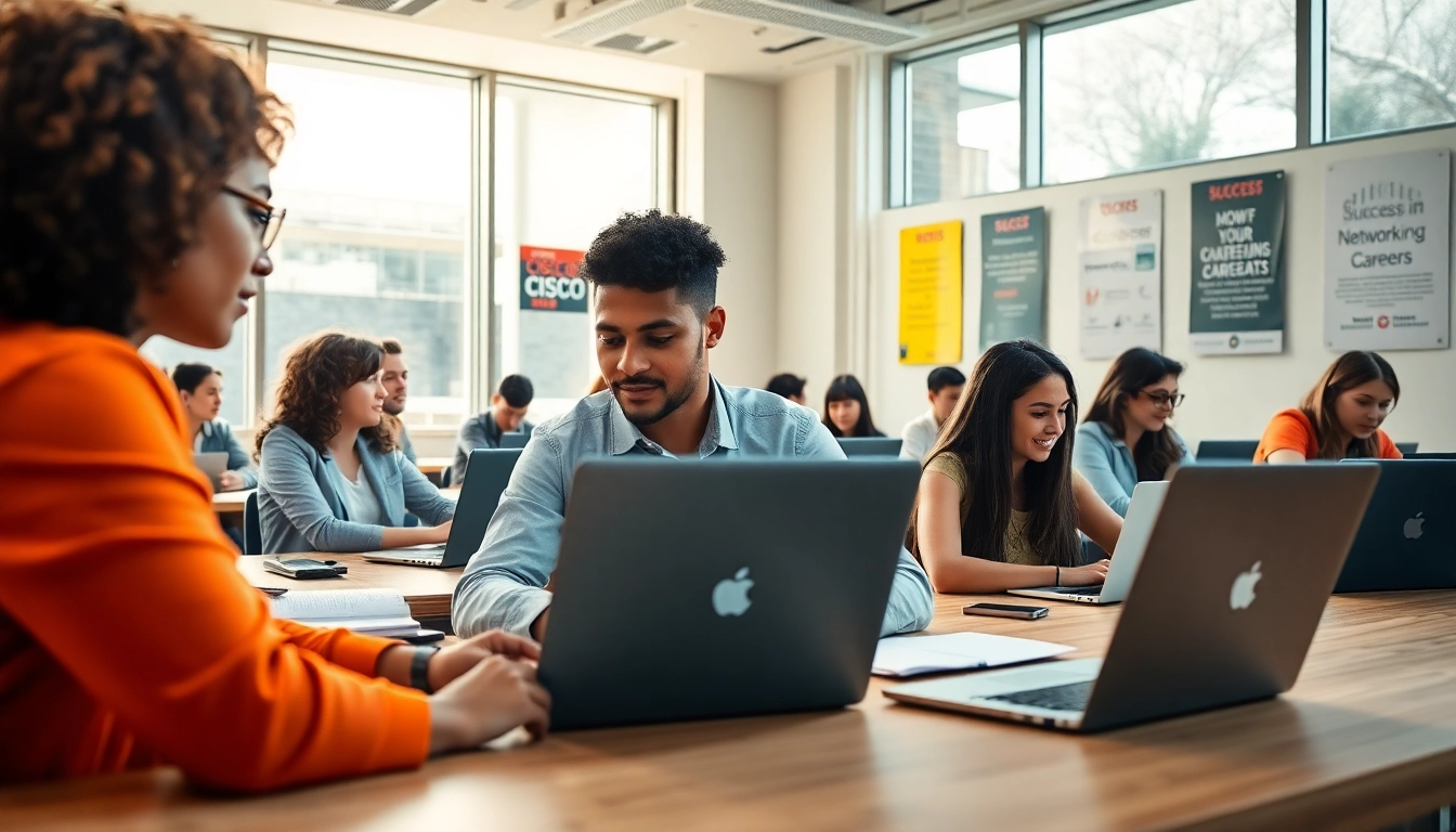 Cisco exam assistance visualizes students actively preparing in a bright, modern classroom.