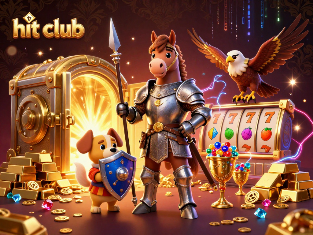 Hit club displays vibrant 3D knight, horse, and puppy amidst dazzling casino treasures.