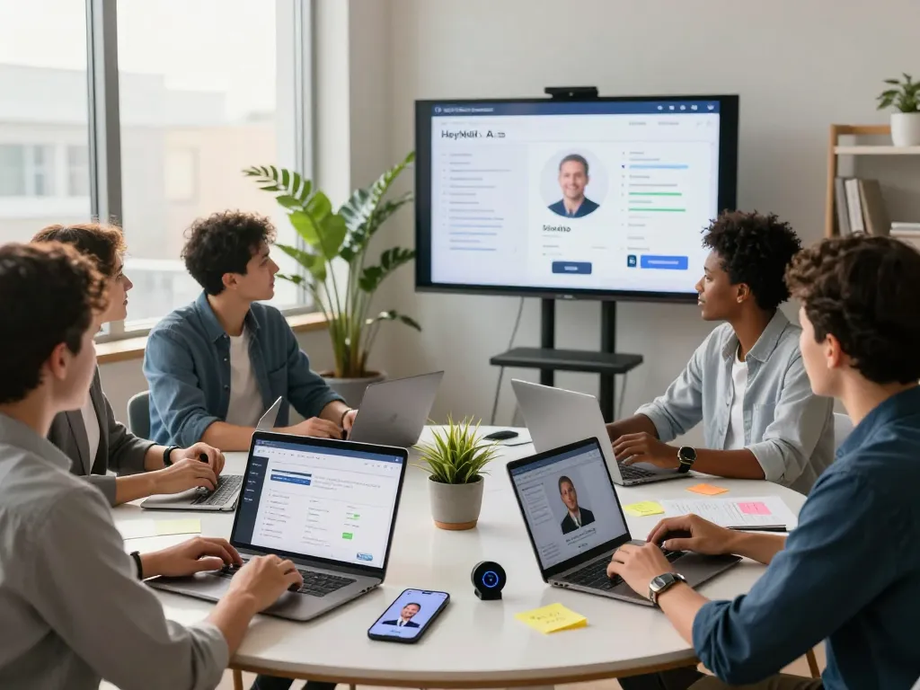 Recruiters utilizing the AI voice interviewer technology in a collaborative office environment showcasing advanced hiring strategies.