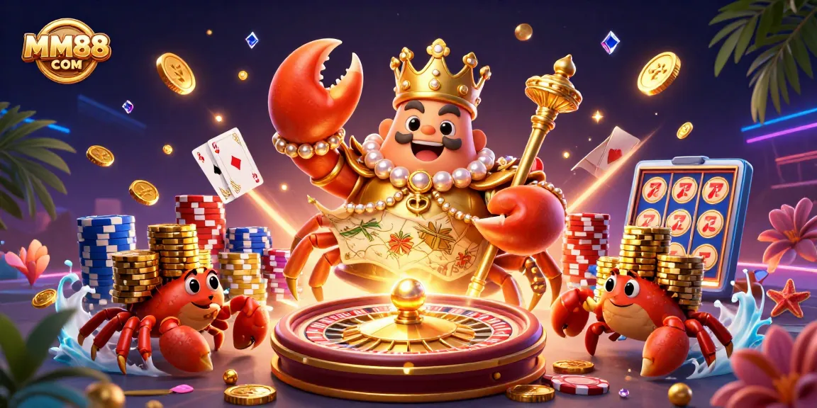 Experience exciting gaming with MM88 COM, featuring a golden crab emperor and dynamic casino elements.