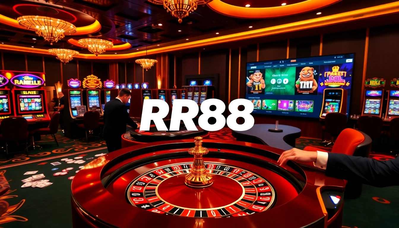 Experience the excitement of gambling at https://rr88.center/ with vibrant casino visuals of roulette and slot machines.