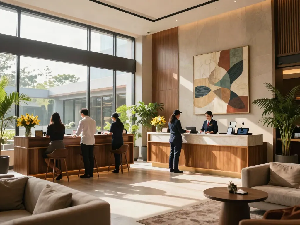ROKOK88 hotel lobby with elegant decor, welcoming environment, and friendly staff.