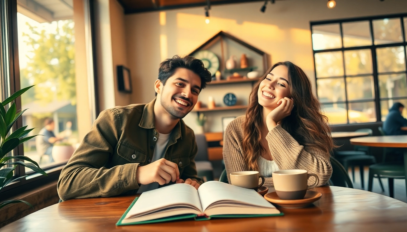 Young couple in a coffee shop enjoying their crush on each other, surrounded by warm ambiance.