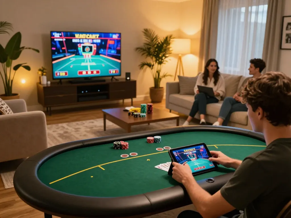 lc88 online gaming experience with tablet, cozy home atmosphere promoting responsible gambling
