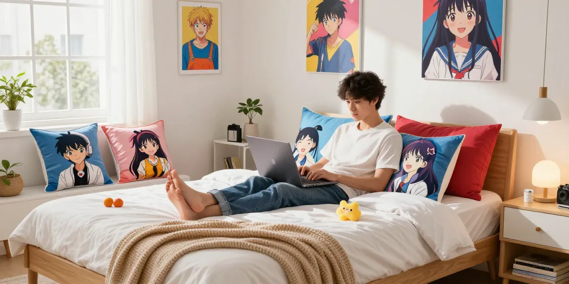 Custom body pillows artistically displayed in a cozy bedroom, adding vibrant anime character designs.