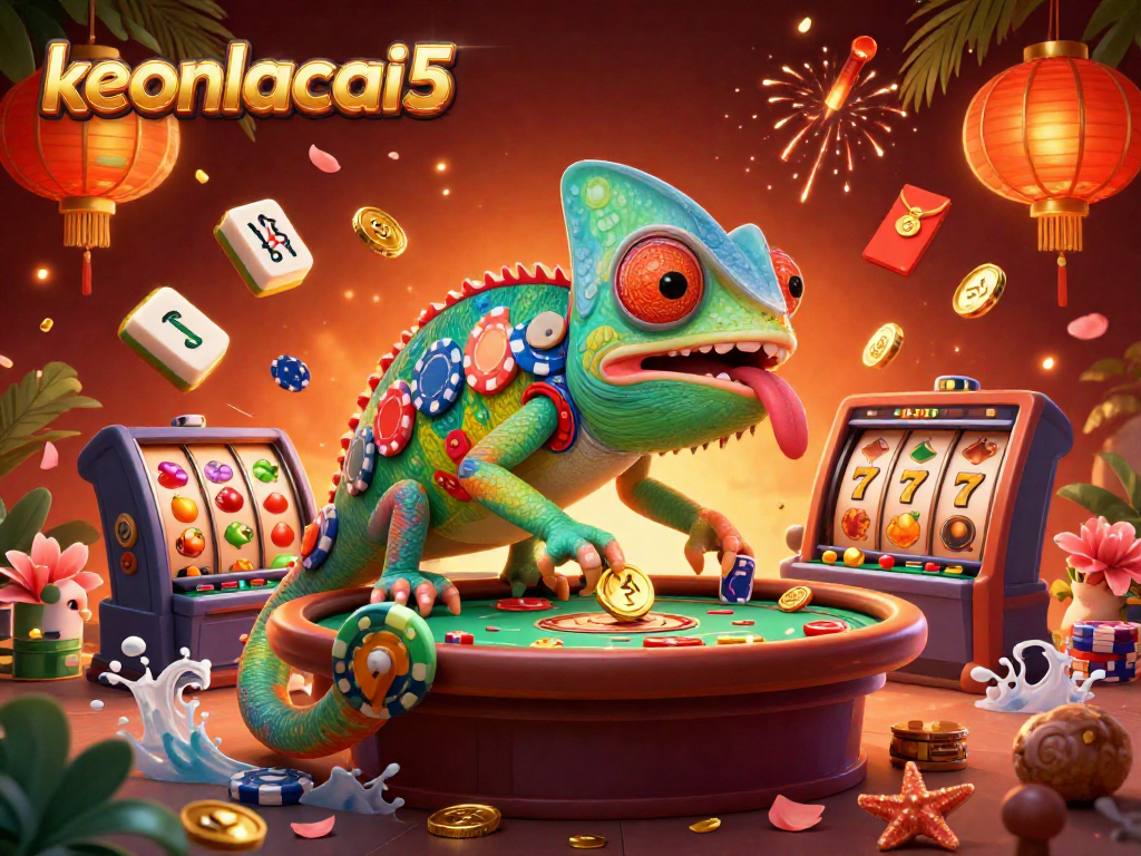 Engage in exciting gameplay at keonhacai5, featuring colorful slot reels and a vibrant chameleon casino owner.