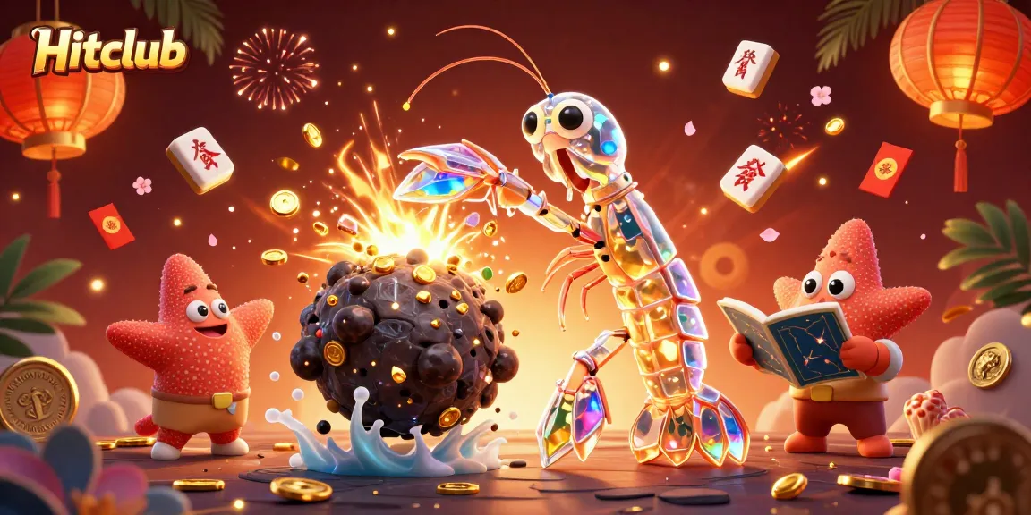 Hitclub showcases an exciting scene of a galactic samurai mantis shrimp winning big amid sparkling treasures.