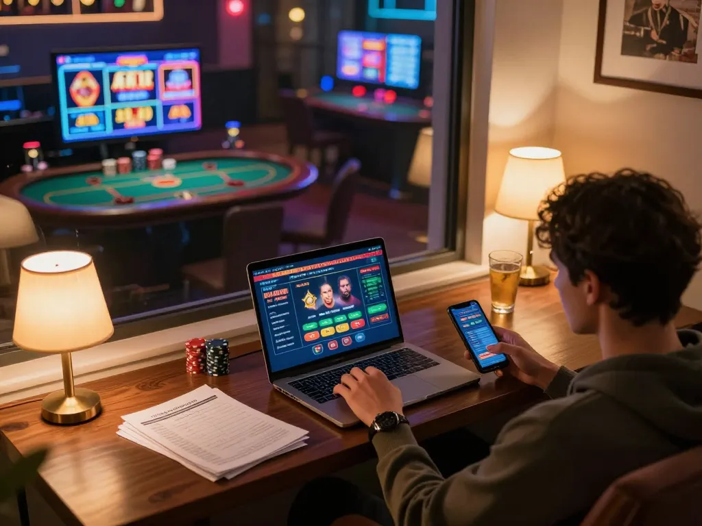Engaging in exciting online gaming strategies at UU88 with dynamic screens and a cozy setup.