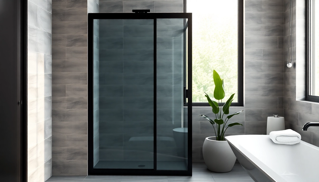 Elegant black shower door featured in a modern bathroom setting with sleek design elements.