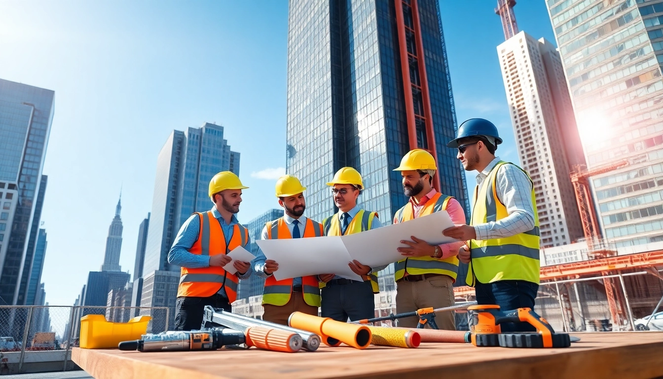 Manhattan General Contractor working with a team on-site with skyscrapers in the background.