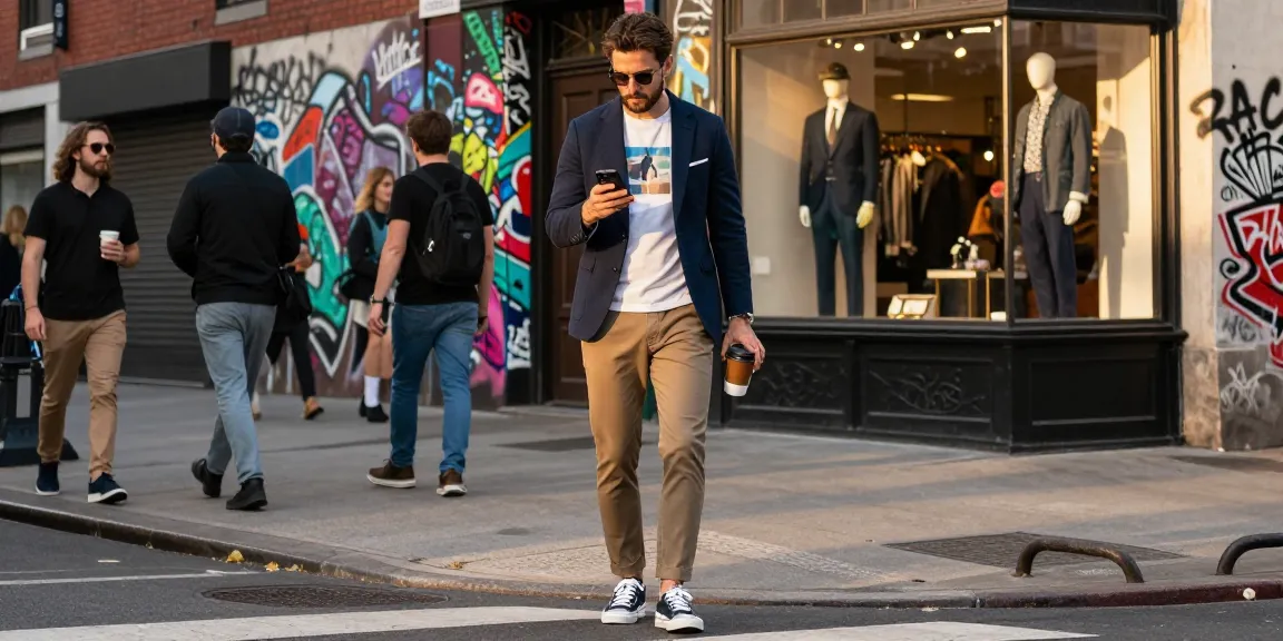 Men's fashion scene in urban setting showcasing stylish outfits and street style.