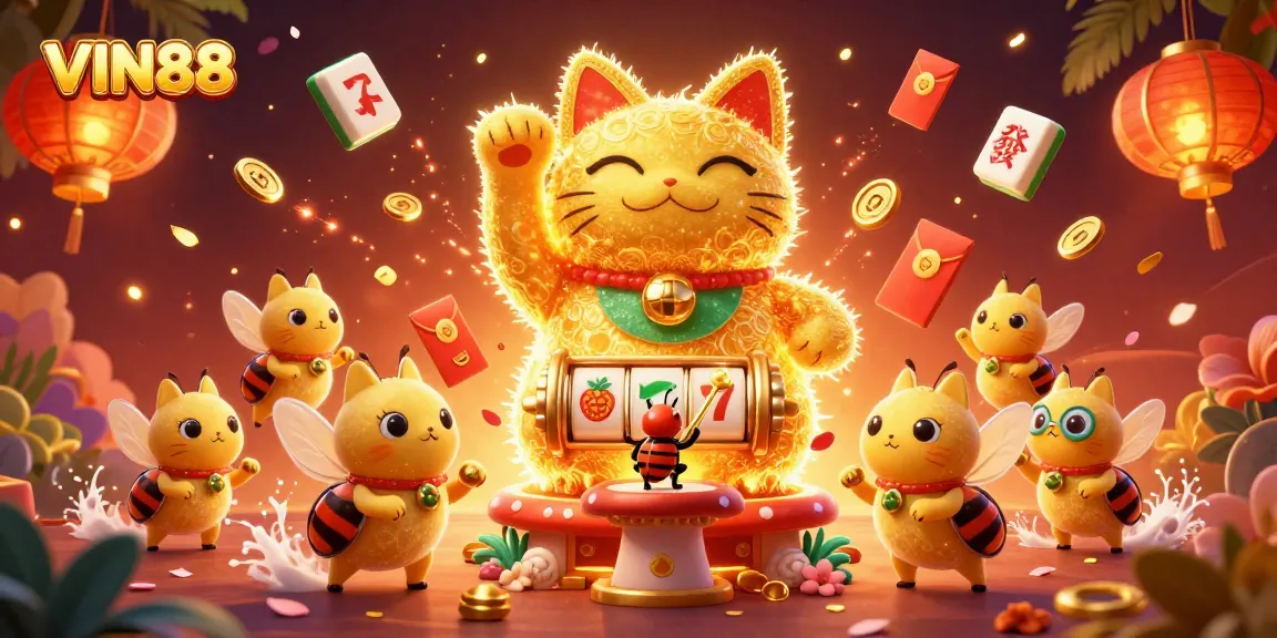 Engage with the vibrant world of VIN88 casino, featuring a lucky cat and dynamic slot symbols in colorful 3D.