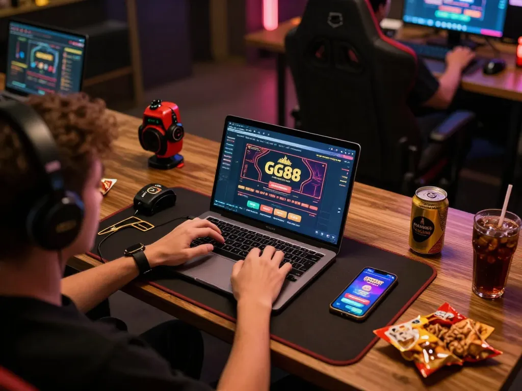 Player engaging with GG88 online casino on a laptop, showcasing vibrant gaming interface and cozy environment