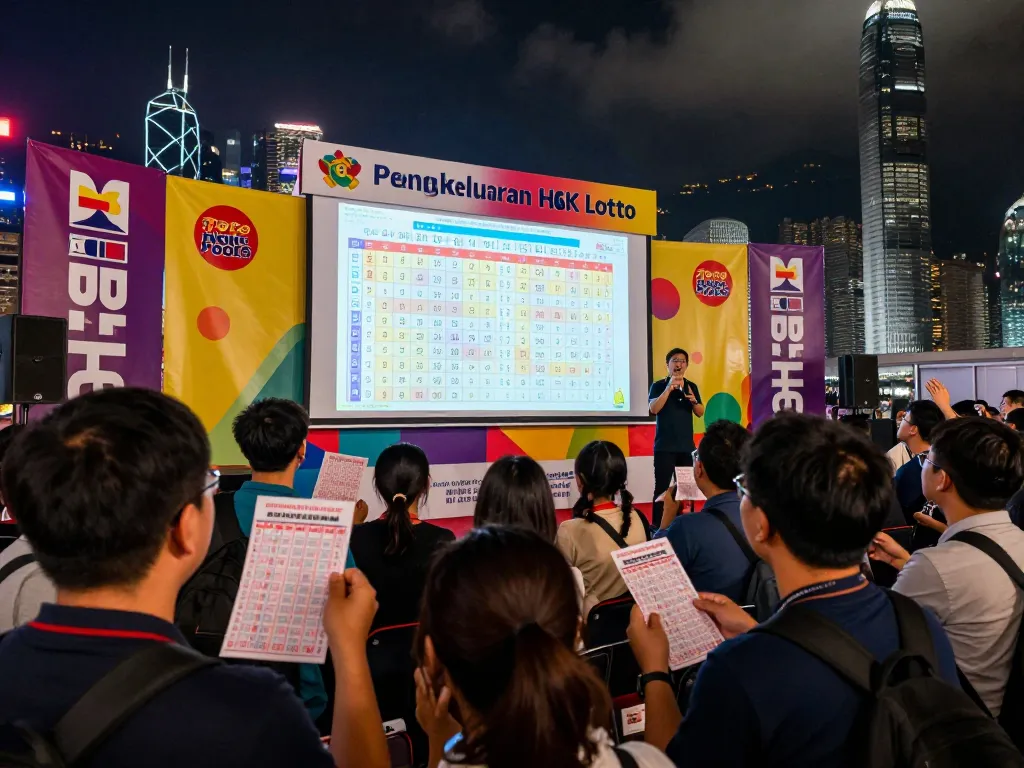 Kerumunan yang bersemangat di acara pengundian langsung Pengeluaran HK Lotto di pemandangan kota Hong Kong yang dinamis.