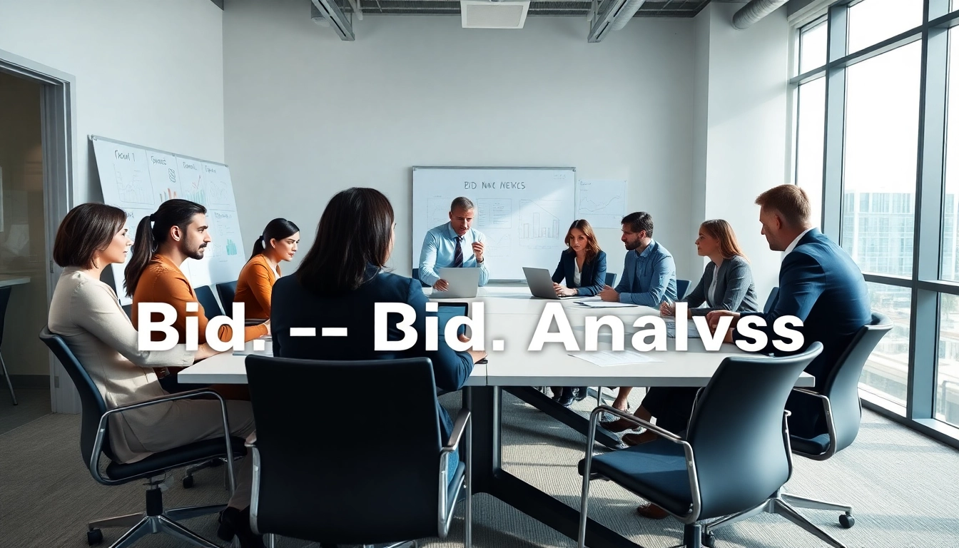 Engaged team discussing Bid-No-Bid Analysis in a modern setting with collaborative visuals.