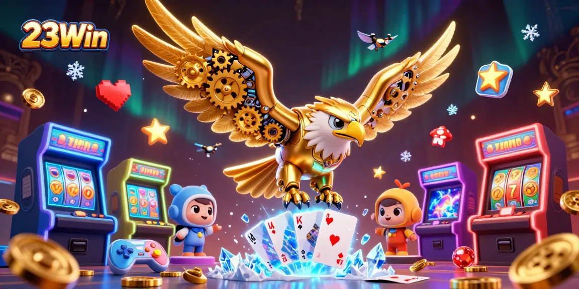Experience 23Win's thrilling 3D casino action with a cybernetic eagle amidst vibrant gaming elements.