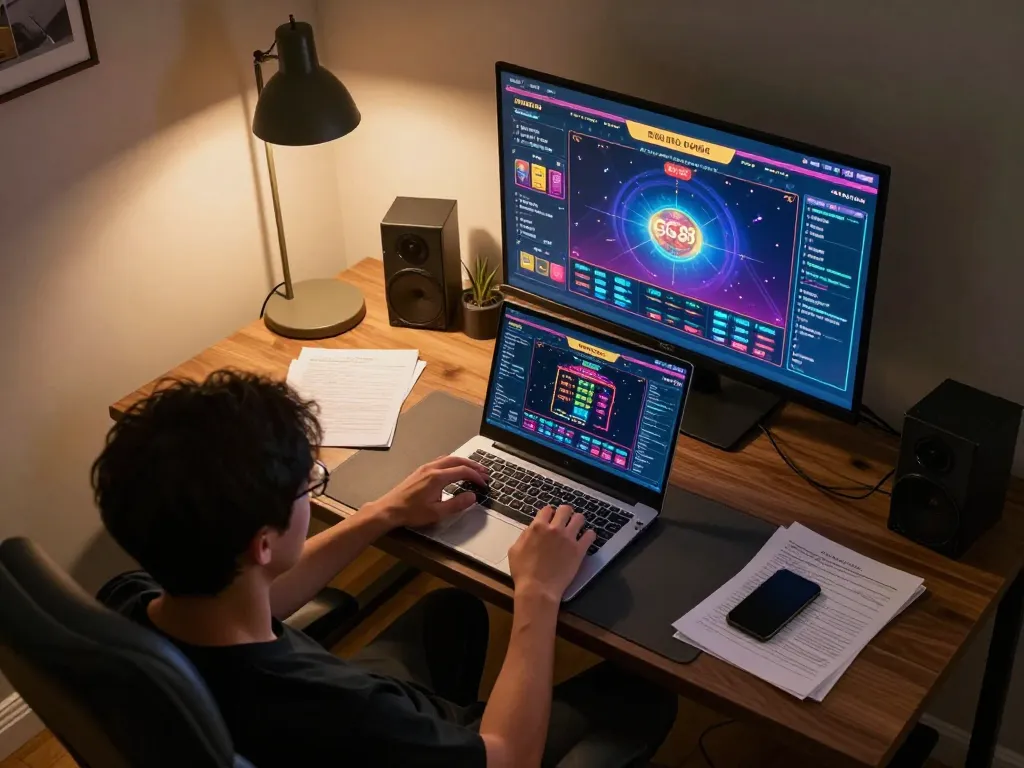 Engaged player using GG88 online casino on a laptop surrounded by betting strategy notes