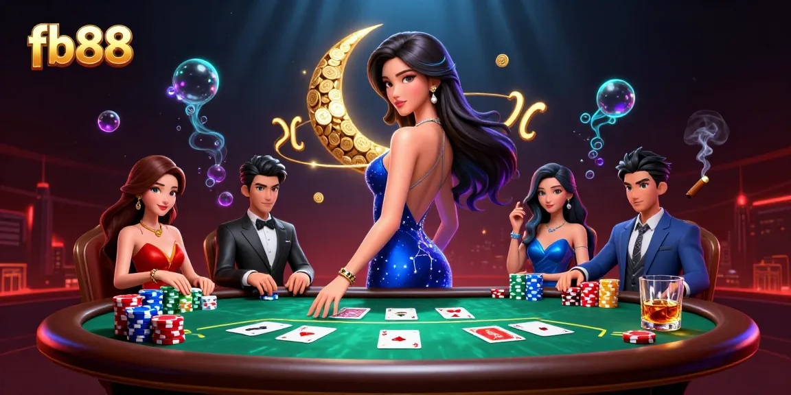 Play poker and win big at fb88 with an elegant Asian woman surrounded by casino elements.
