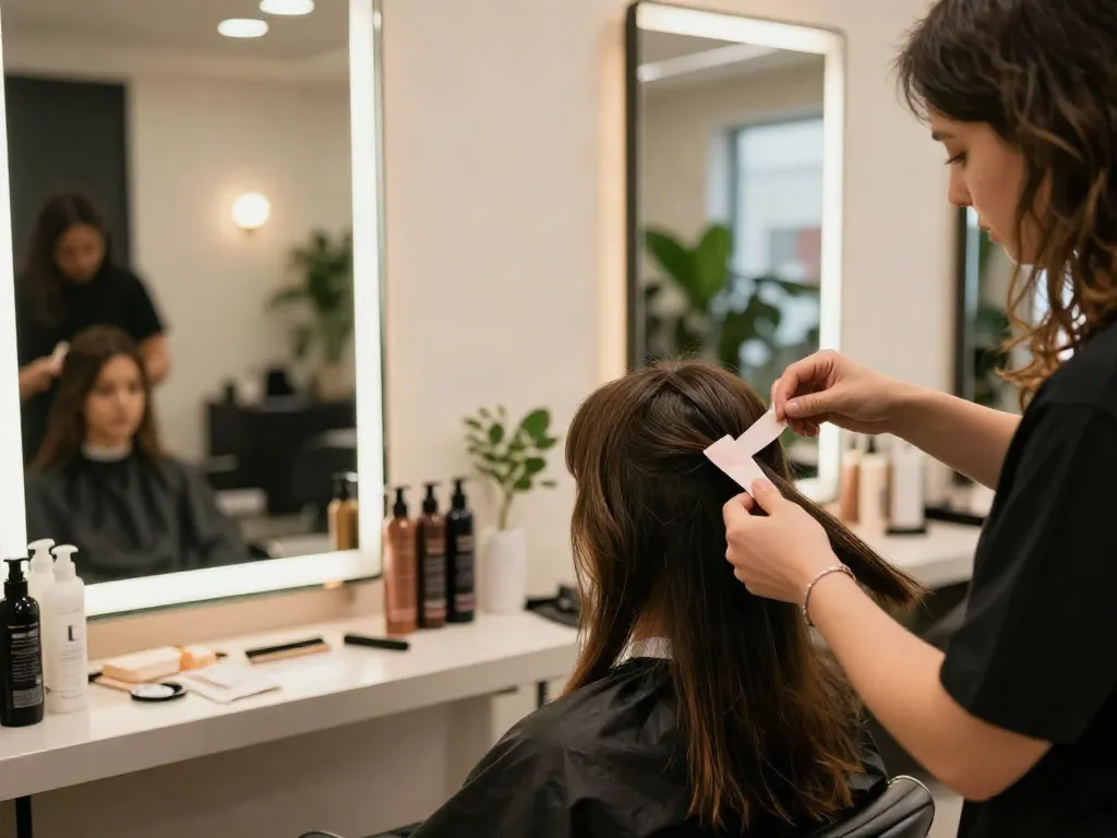 Applying invisible tape in hair extensions human hair in a stylish salon setting.