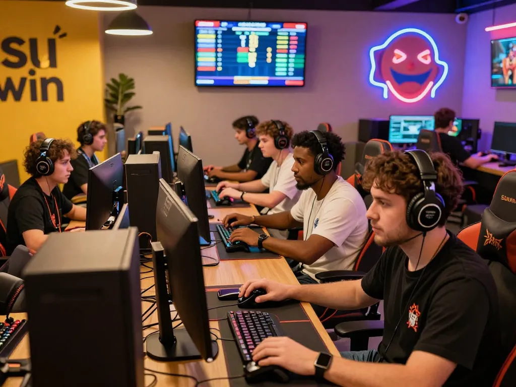 Exciting sun win gaming environment with players immersed in competition.