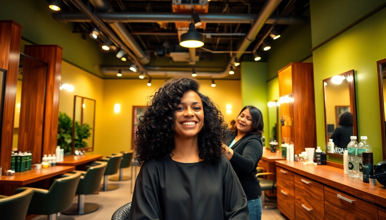 Perm san diego: A professional stylist gives a perm to a happy client in a vibrant salon.