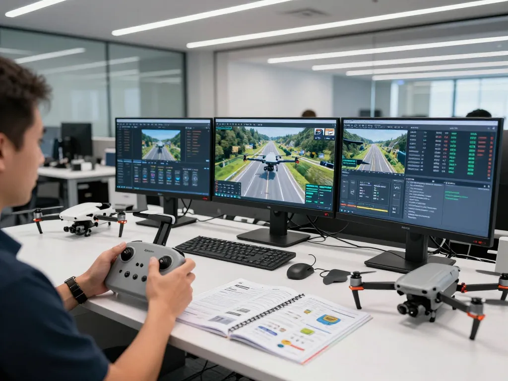 Technician flying the DJI Matrice 4E in a high-tech command center.