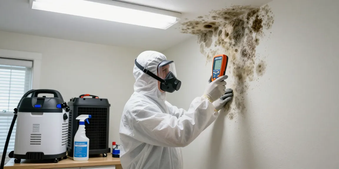 Expert West Palm Beach mold remediation technician inspecting mold damage with advanced testing equipment in a clean, professional environment.