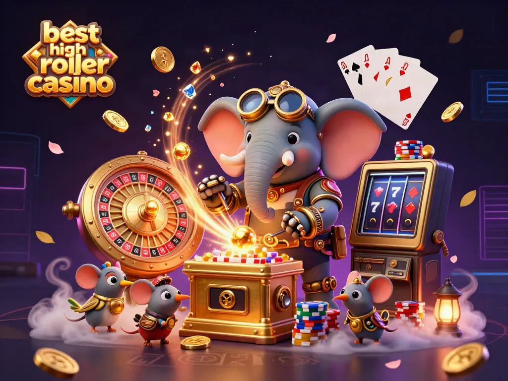 Experience the excitement at the best high roller casino with a steampunk elephant operating a gold slot machine.