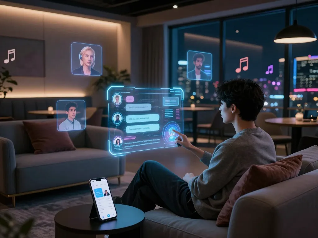 Engaging in porn AI chat with a futuristic chatbot in a sleek lounge setting.