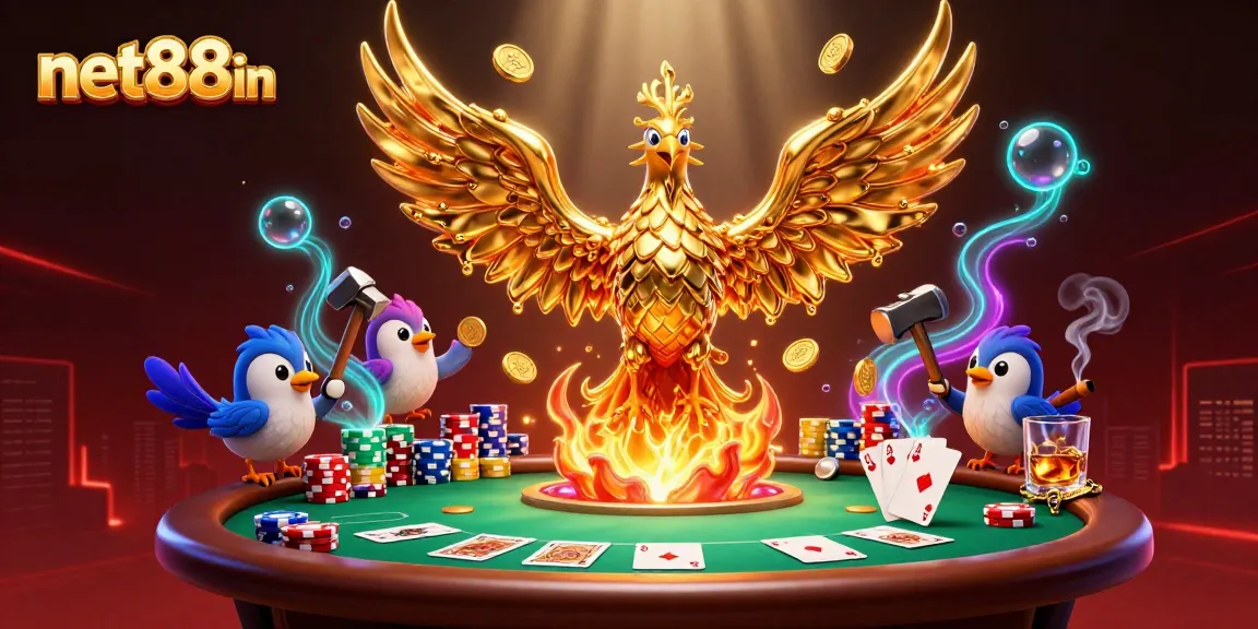 net88in showcases an energetic casino scene with a molten golden phoenix and poker elements, promoting excitement.