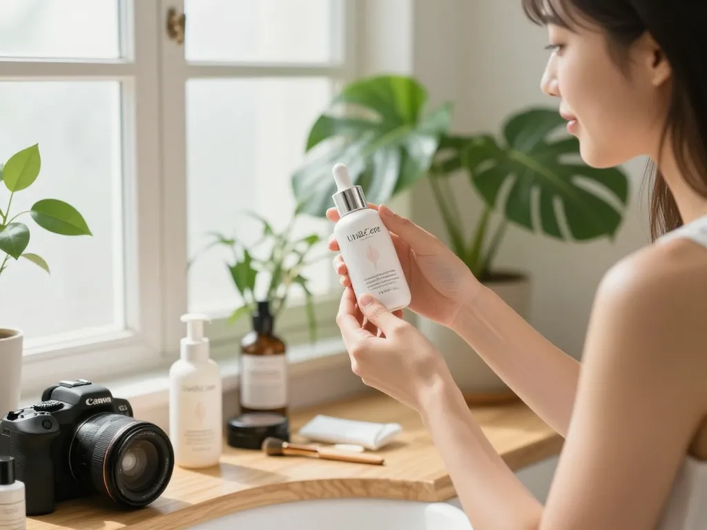 Applying Uni&Core US skincare in a bright bathroom with serene atmosphere and elegant products.