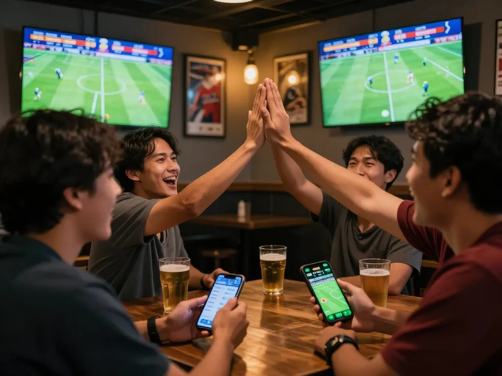 Teman-teman menikmati taruhan Judi Bola bersama di sebuah bar olahraga sambil menonton pertandingan sepak bola.